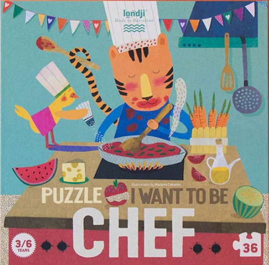 Puzzle box with a tiger chef illustration on a red background