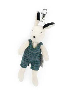 White plush keychain with a black nose, wearing a green outfit on a white background